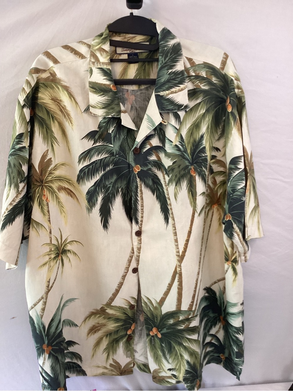 Tommy Bahama Cream Hawaiian Palm-Print Button Down Shirt 100% Silk Size L